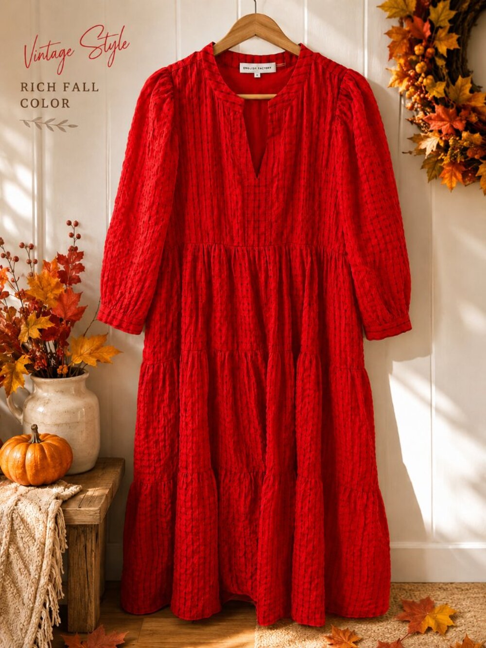 English Factory 1X Red Textured Tiered Midi Dress Long Sleeve Holiday